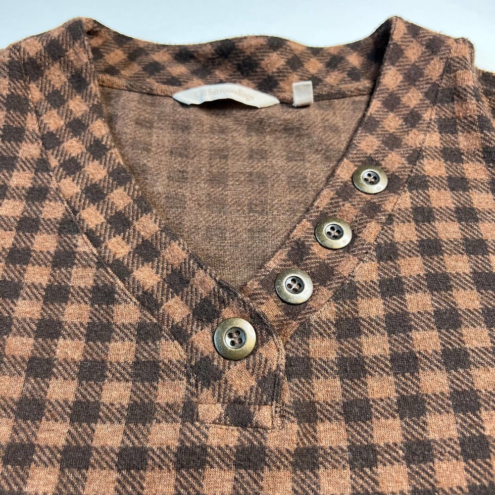 Soft Surroundings Women's Tunic Brown / Black Plaid Peasant V-Neck Top Size L - Picture 4 of 8
